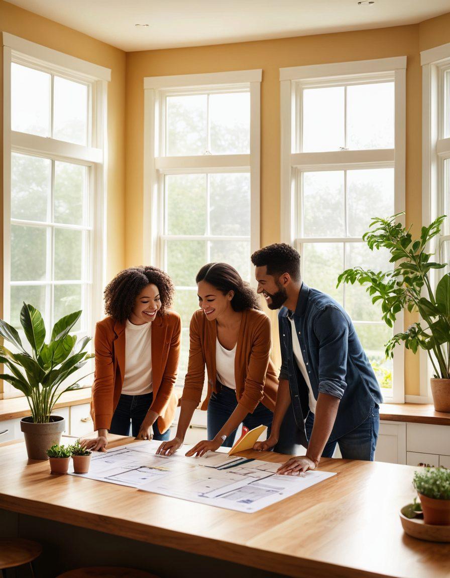 A diverse group of first-time home buyers joyfully exploring a cozy, modern home with a friendly mortgage advisor pointing out helpful tips on a large blueprint. The scene is infused with warmth and hope, featuring potted plants and sunlight streaming in through the windows, symbolizing new beginnings. The image should convey a sense of guidance, support, and optimism for the journey ahead. vibrant colors. super-realistic.