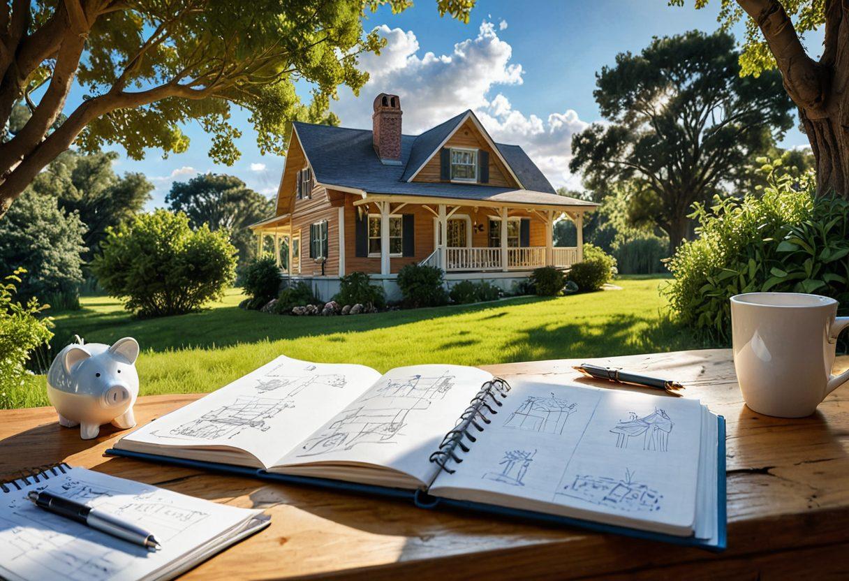 A serene landscape featuring a beautiful house surrounded by lush greenery, symbolizing prosperity and stability in real estate. A clear blue sky above with fluffy clouds, while scattered dollar signs float gently around, representing financial growth. Add an open notebook on a rustic wooden table, filled with sketches and plans for savings, and a small piggy bank nearby. Warm sunlight casts a golden glow over the scene. super-realistic. vibrant colors. 3D.