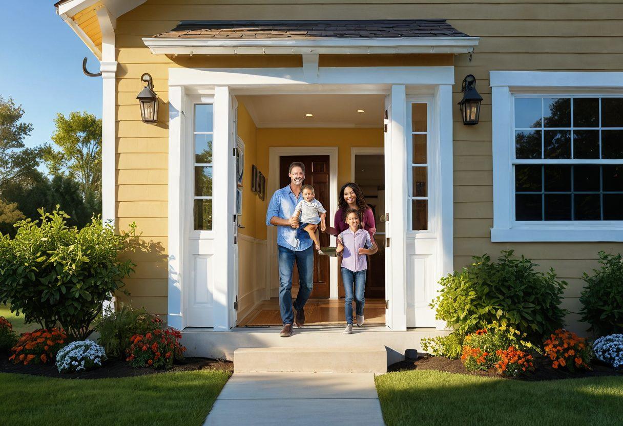 An open door leading to a bright and prosperous landscape symbolizing financial freedom, with a family joyfully celebrating in front of a new home, surrounded by symbols of mortgage solutions such as key, documents, and calculators floating around. Hopeful and uplifting atmosphere with soft sunlight casting a warm glow. vibrant colors. super-realistic.